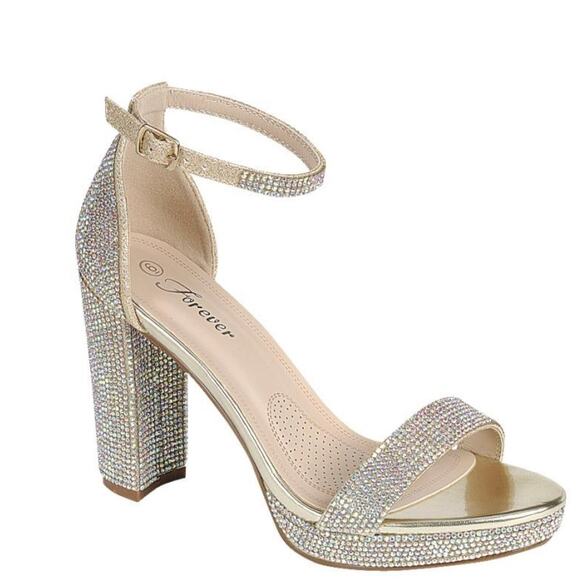 Forever Shoes - Forever Josina Rhinestones Block Heel Sandals Size 10 Silver